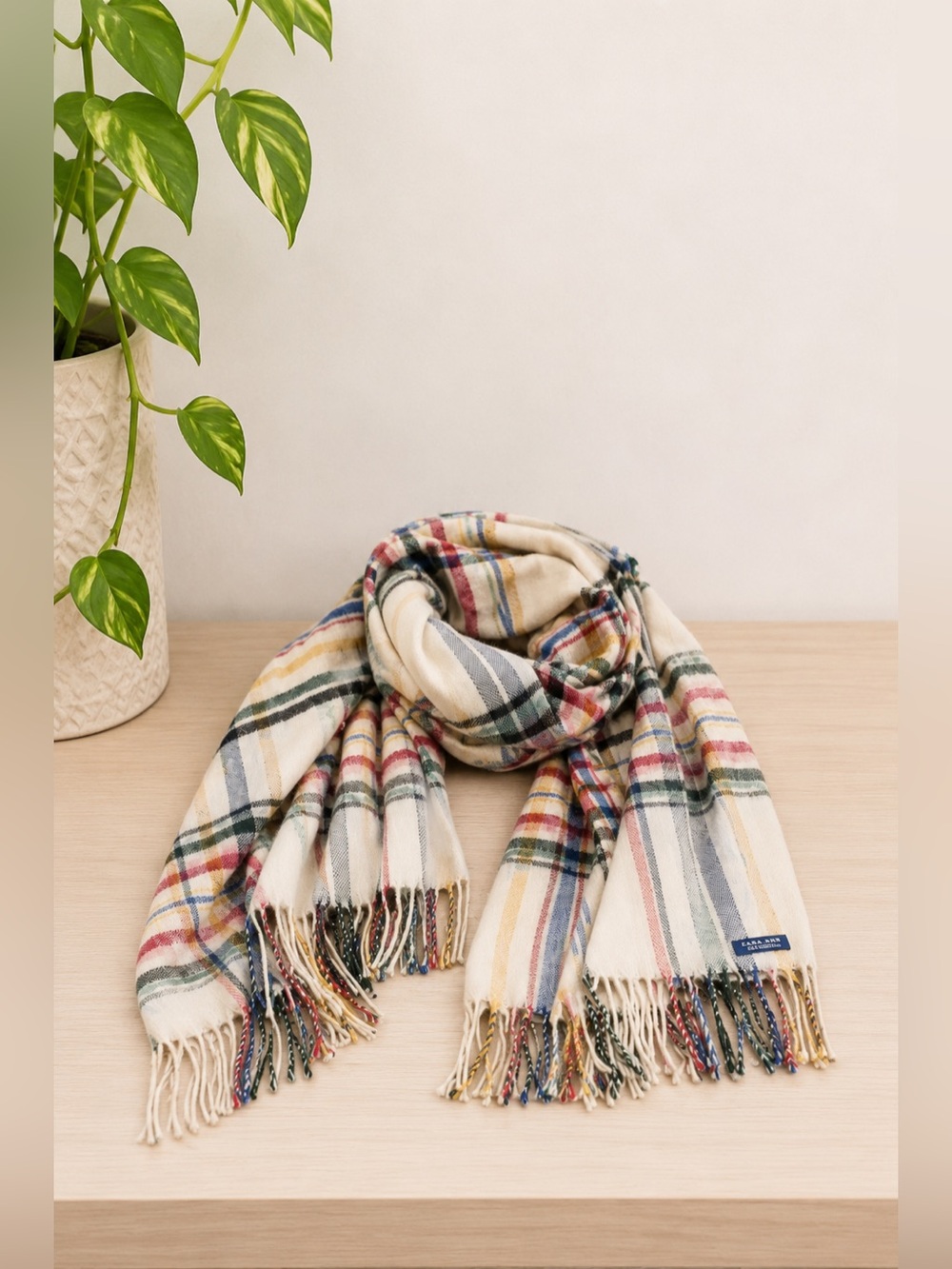 Zara Man Italy Plaid Blanket Scarf White Multicolor Oversized Wrap Fringe Shawl‎